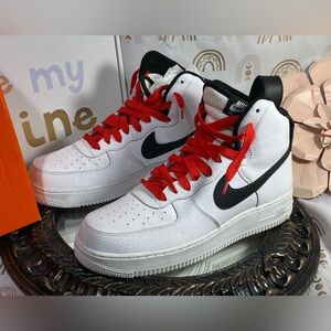Air Force Ones Nike White and Black Athletic Shoes with Red Accents